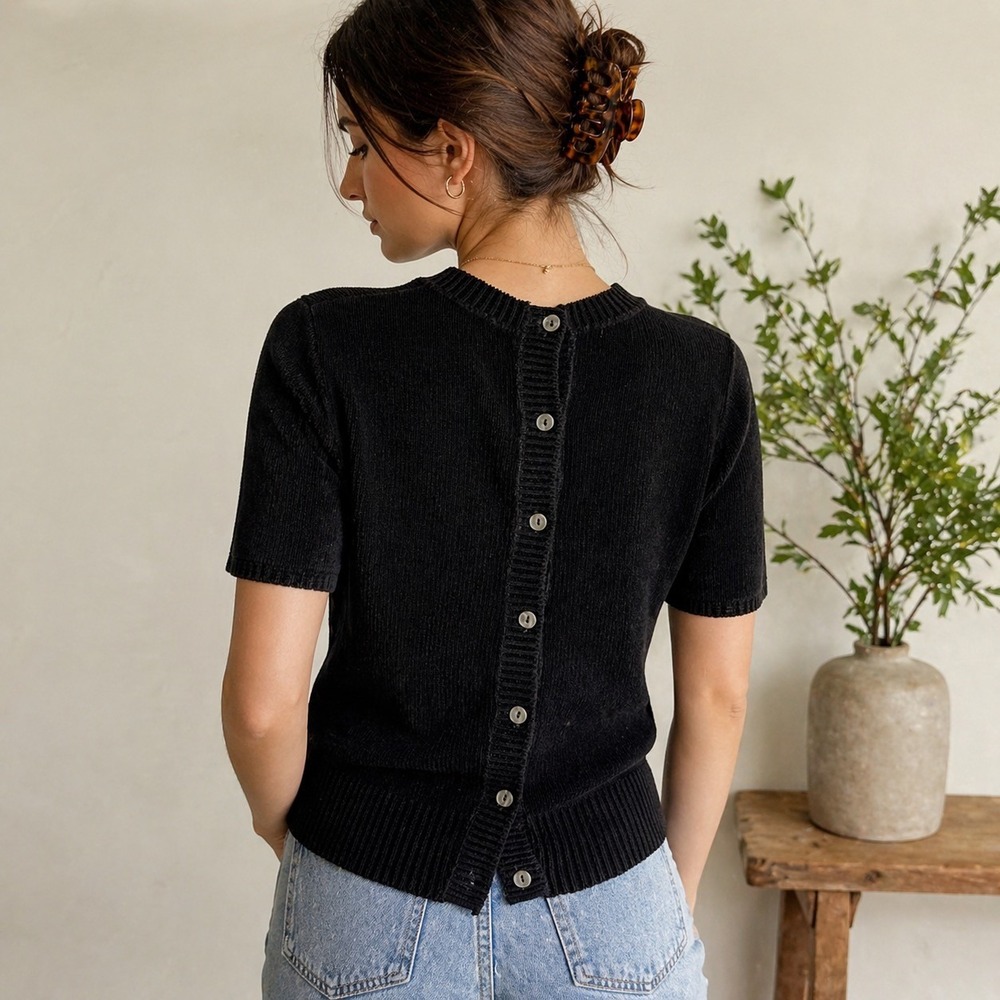 Vintage Ballinger Gold 90s Chenille Button Back Sweater Womens Size M Y2K Black